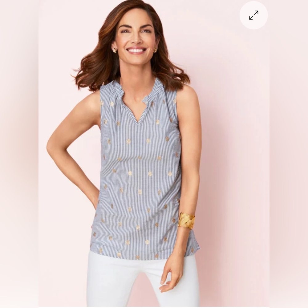 Talbots L GOLD SHIMMER DOT STRIPE JACQUARD SLEEVELESS TOP RUFFLE KEYHOLE NECK
